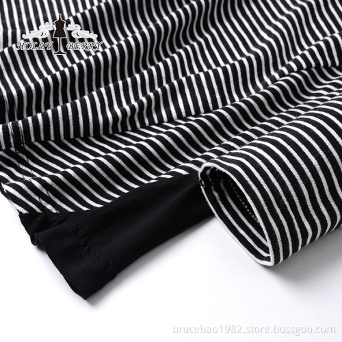 V-neck Fashion Bernapas Hitam Putih Bergaris Womens Autumn Shirts